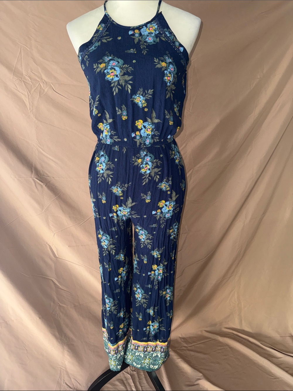 Mudd Navy Floral Halter-Style Jumpsuit with Patterned Hem